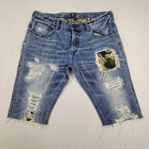 PRPS Shorts Mens 38 Blue Distressed Denim Camo Patch Button Fly Raw Hem Grunge